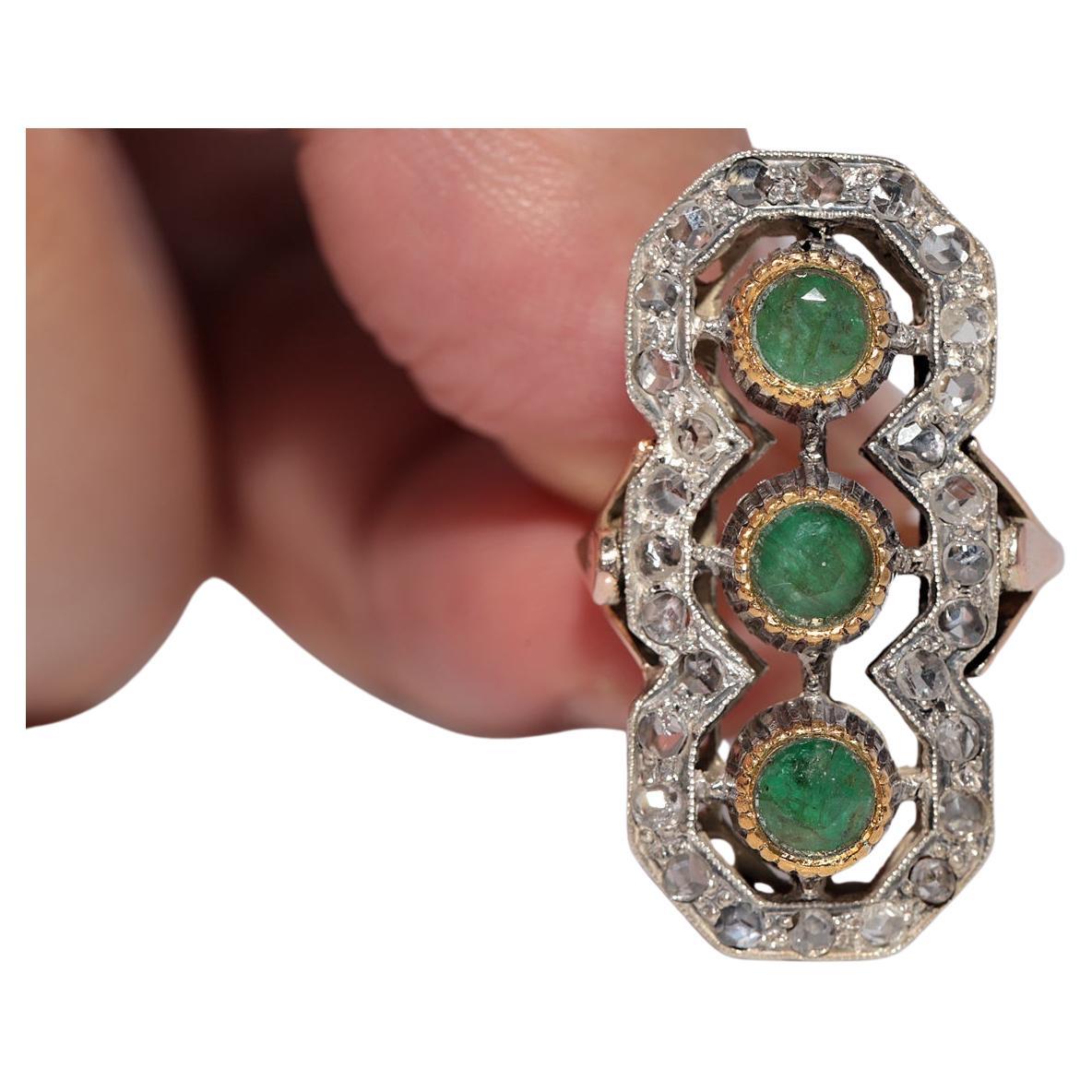 Anillo Antiguo Circa 1900s Oro 10k Plata Superior Corte Rosa Natural Y Esmeralda