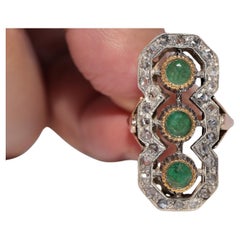 Antike CIRCA 1900s 10k Gold Top Silber natürlichen Rosenschliff und Smaragd Ring