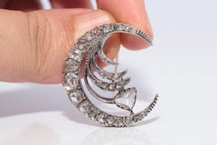 Antique Circa 1900s 10k Gold Top Silver Natural Rose Cut Diamond Moon Brooch