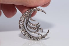 Antique Circa 1900s 10k Gold Top Silver Natural Rose Cut Diamond Moon Brooch
