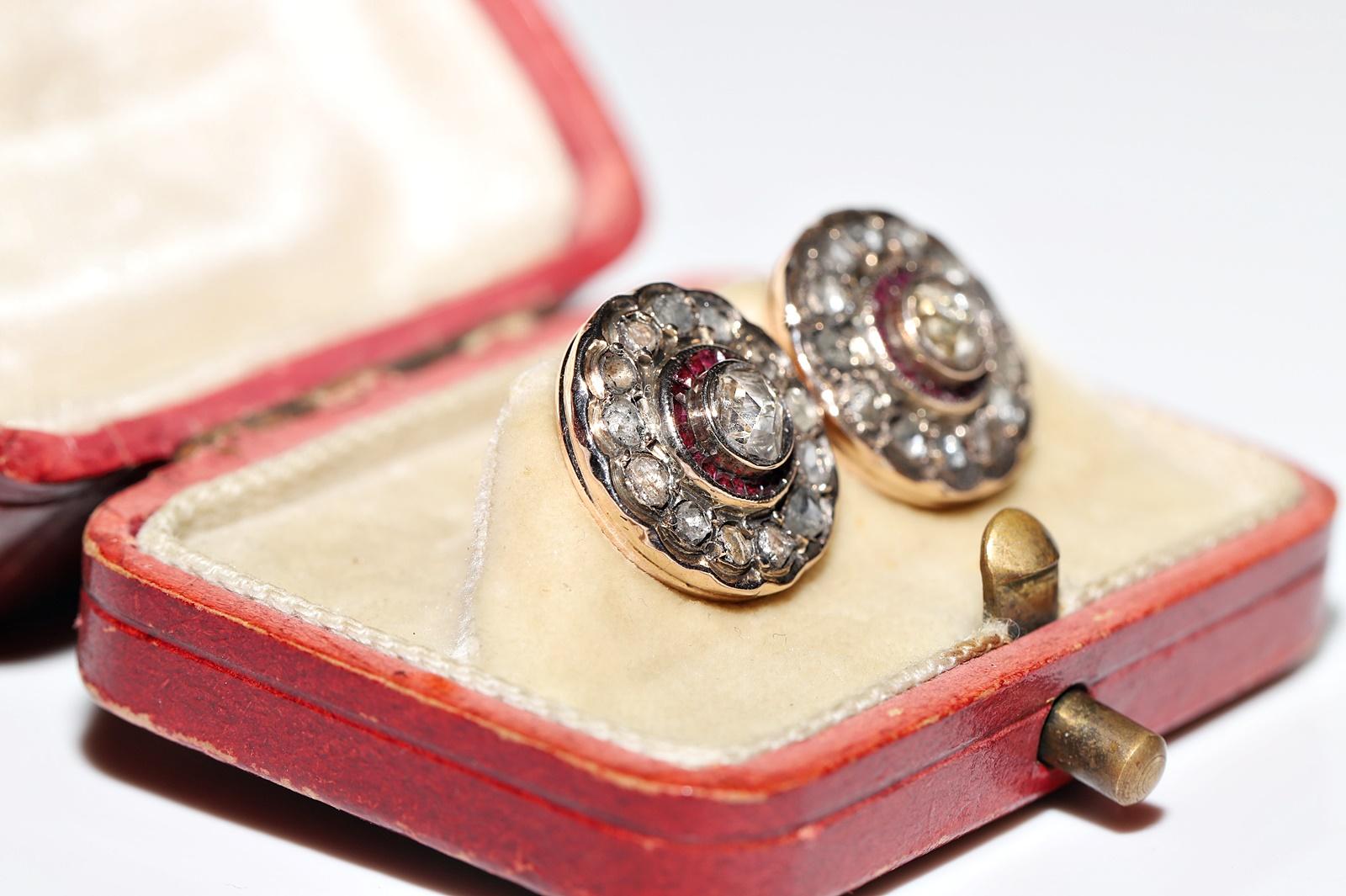 Victorien tardif Boucles d'oreilles anciennes datant des années 1900 en or 12 carats, diamants naturels taille rose et rubis calibré en vente