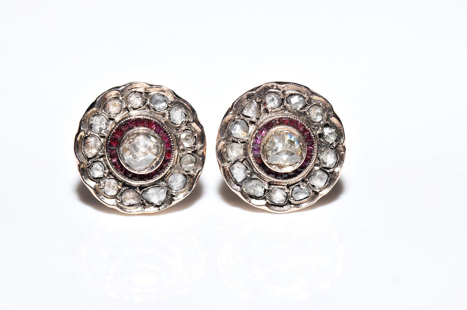 Late Victorian Antique Circa 1900s 12k Gold Natural Rose Cut Diamond And Caliber Ruby Earring For Sale
