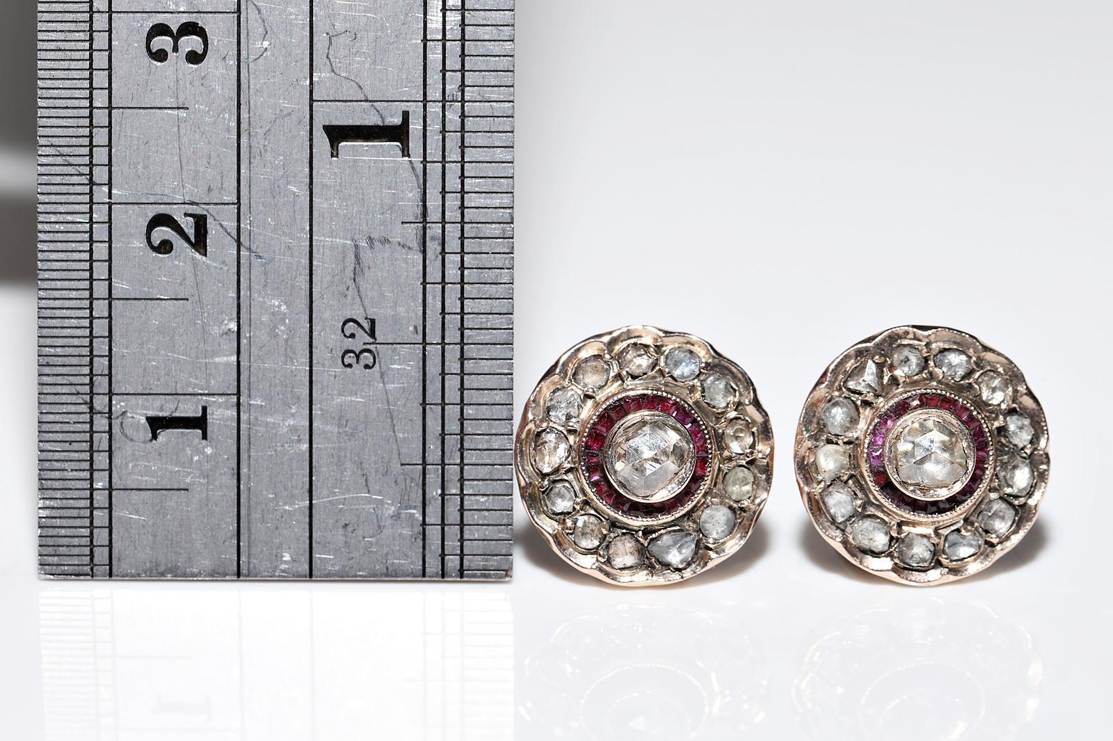 Boucles d'oreilles anciennes datant des années 1900 en or 12 carats, diamants naturels taille rose et rubis calibré Bon état - En vente à Fatih/İstanbul, 34