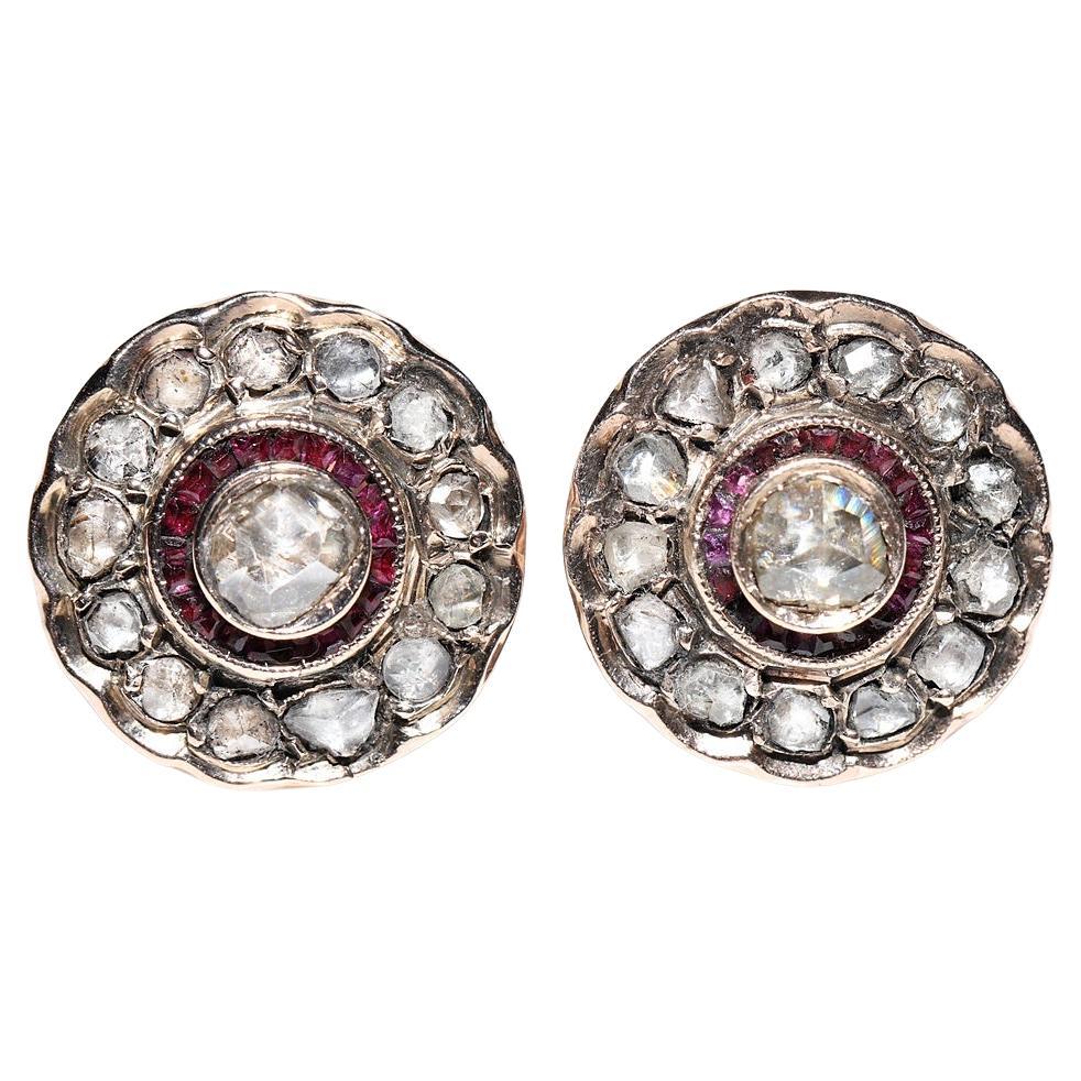 Antique Circa 1900s 12k Gold Natural Rose Cut Diamond And Caliber Ruby Earring For Sale