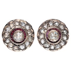 Antique Circa 1900s 12k Gold Natural Rose Cut Diamond And Caliber Ruby Earring