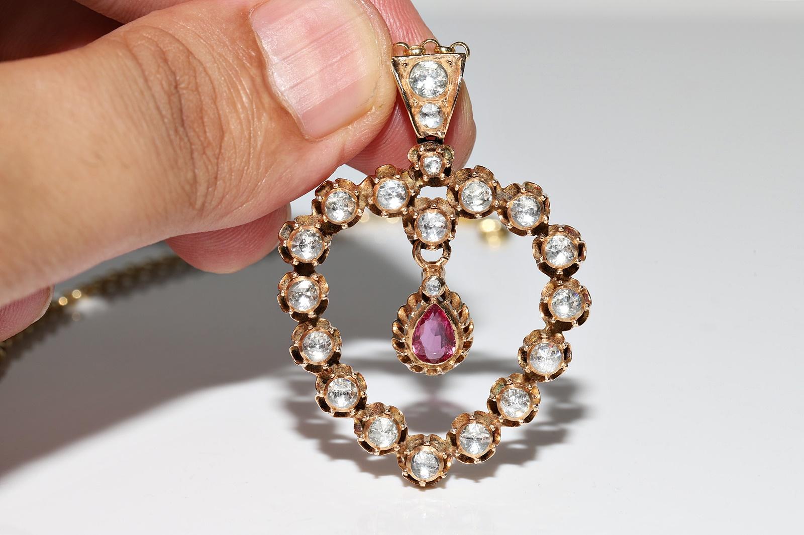 Collier pendentif ancien des années 1900 en or 12 carats avec diamants naturels taille rose et rubis en vente 4