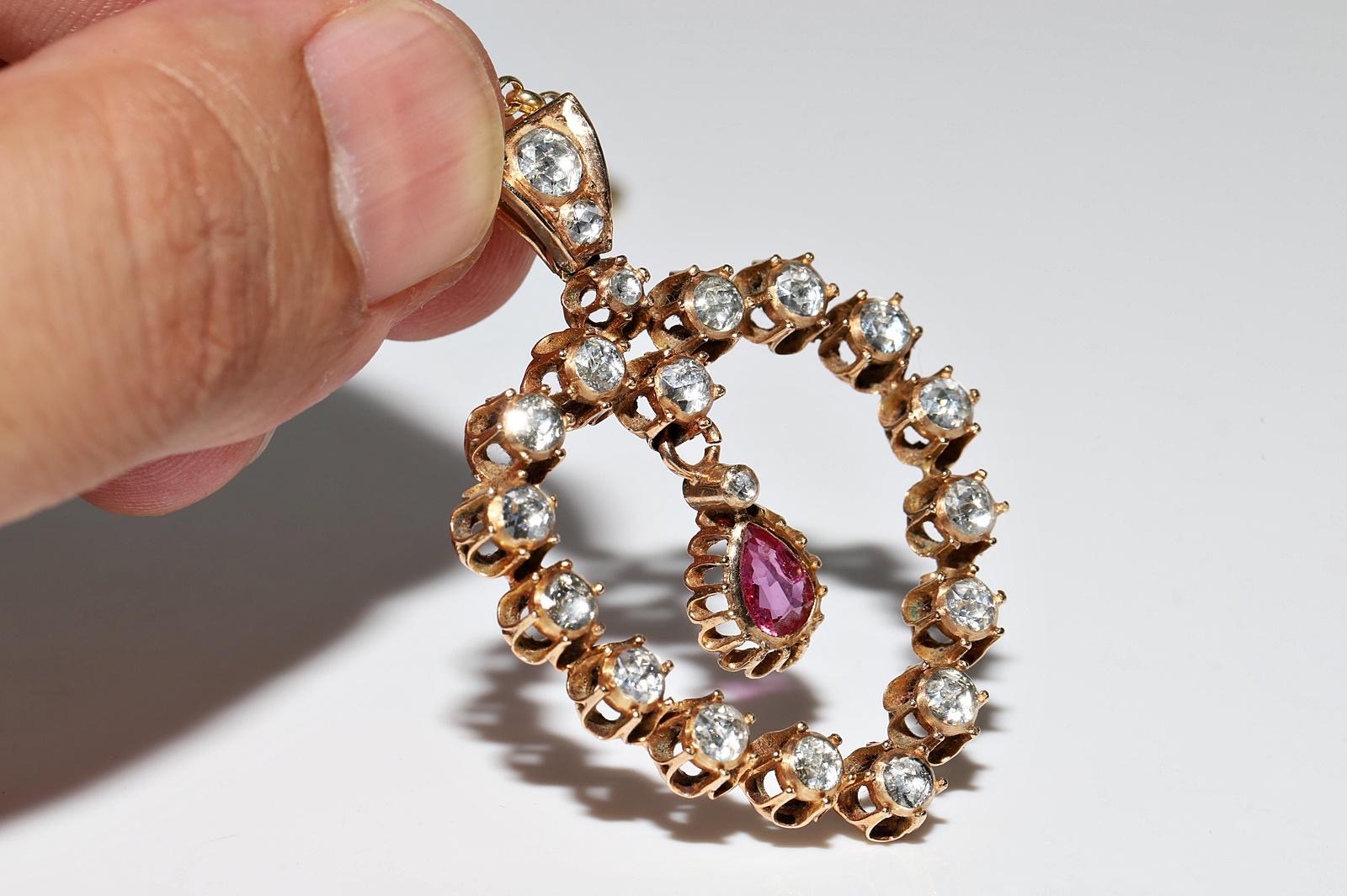 Collier pendentif ancien des années 1900 en or 12 carats avec diamants naturels taille rose et rubis en vente 5