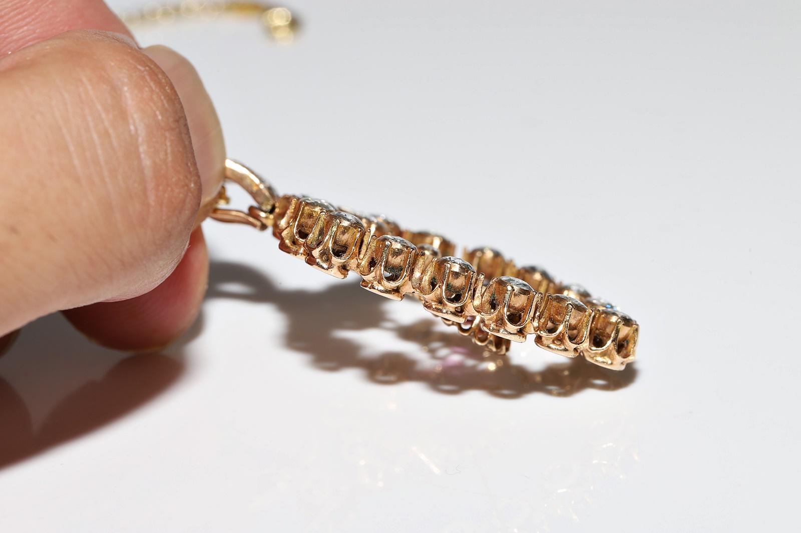 Collier pendentif ancien des années 1900 en or 12 carats avec diamants naturels taille rose et rubis en vente 6