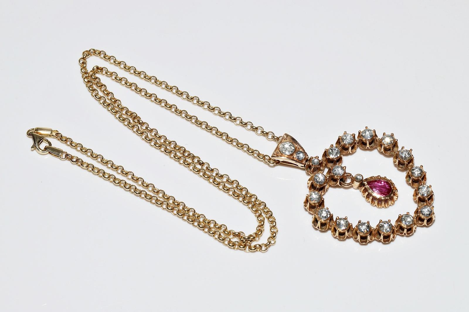 Collier pendentif ancien des années 1900 en or 12 carats avec diamants naturels taille rose et rubis en vente 10