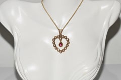 Antique Circa 1900s 12k Gold Natural Rose Cut Diamond And Ruby Pendant Necklace