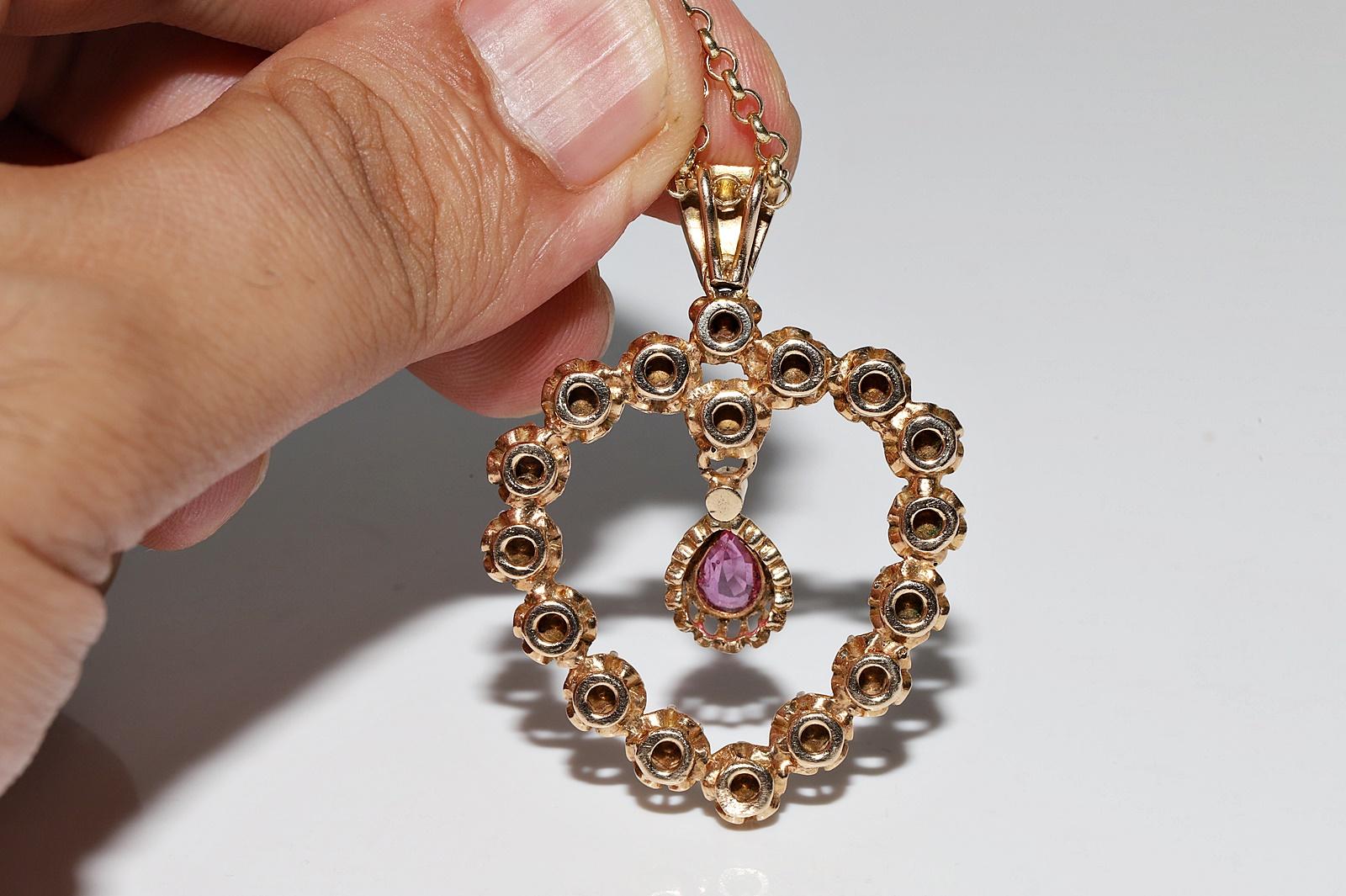 Collier pendentif ancien des années 1900 en or 12 carats avec diamants naturels taille rose et rubis en vente 14