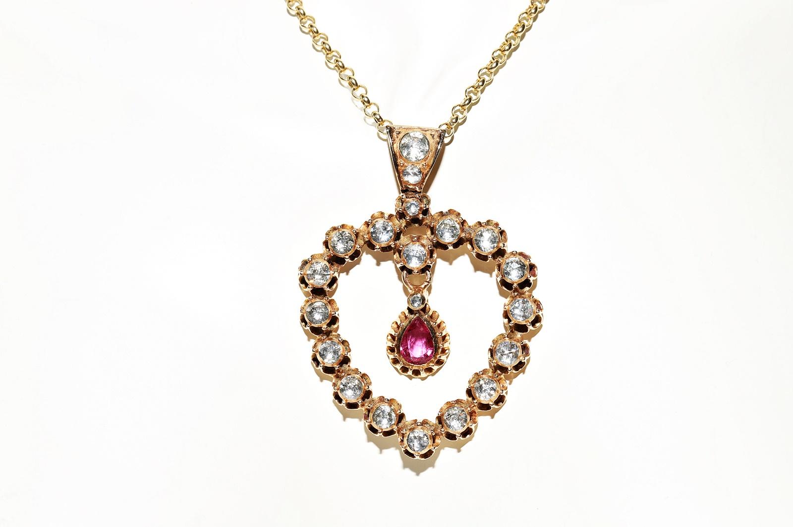 Taille rose Collier pendentif ancien des années 1900 en or 12 carats avec diamants naturels taille rose et rubis en vente