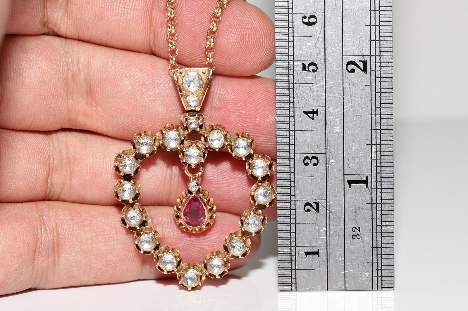 Antike CIRCA 1900s 12k Gold natürlichen Rosenschliff Diamant und Rubin Anhänger Halskette im Angebot 1