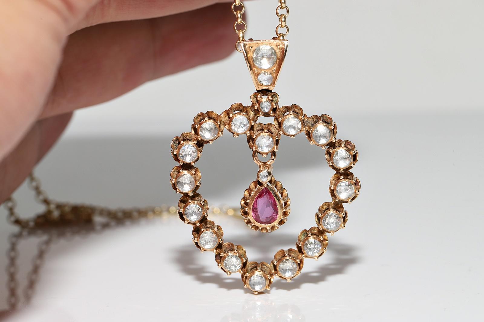 Collier pendentif ancien des années 1900 en or 12 carats avec diamants naturels taille rose et rubis en vente 1