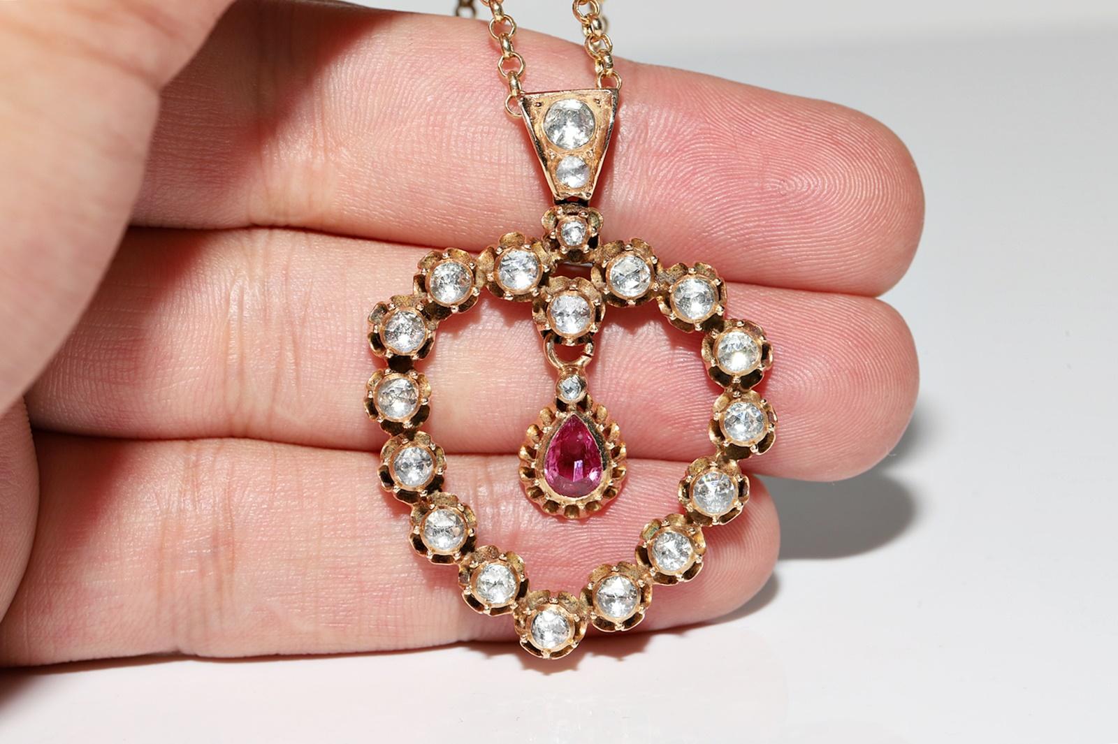 Collier pendentif ancien des années 1900 en or 12 carats avec diamants naturels taille rose et rubis en vente 2