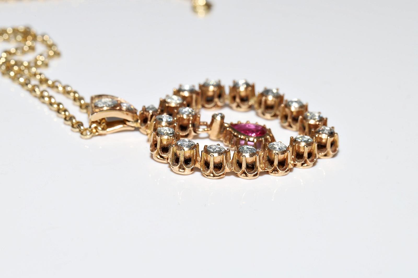 Collier pendentif ancien des années 1900 en or 12 carats avec diamants naturels taille rose et rubis en vente 3