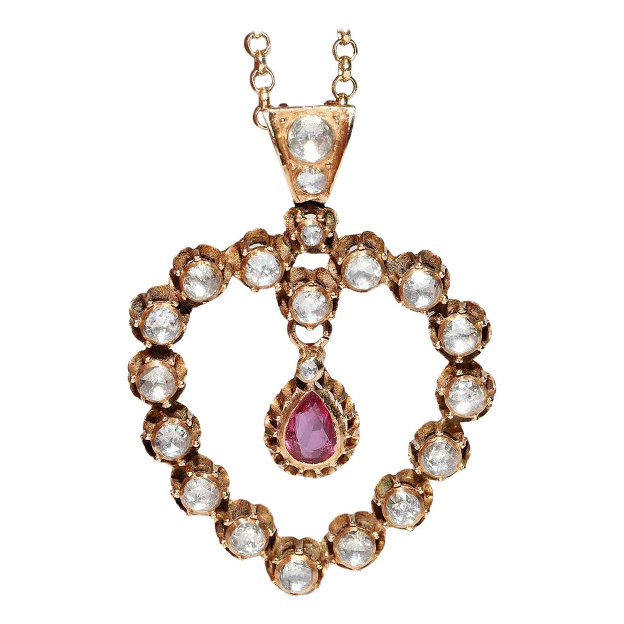 Collier pendentif ancien des années 1900 en or 12 carats avec diamants naturels taille rose et rubis