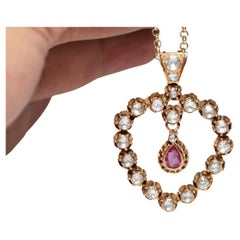 Antique Circa 1900s 12k Gold Natural Rose Cut Diamond And Ruby Pendant Necklace