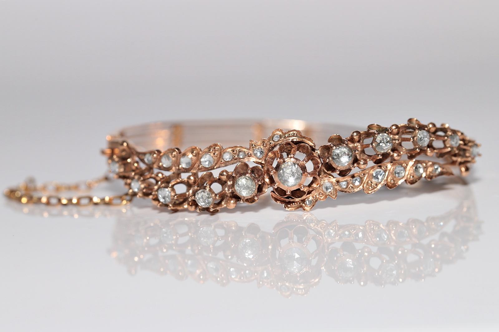 Antique Circa 1900s 12k Gold Natural Rose Cut Diamond Bangle Bracelet For Sale 5