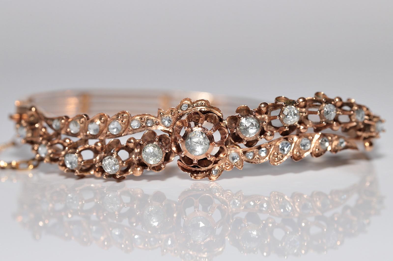 Antique Circa 1900s 12k Gold Natural Rose Cut Diamond Bangle Bracelet For Sale 6