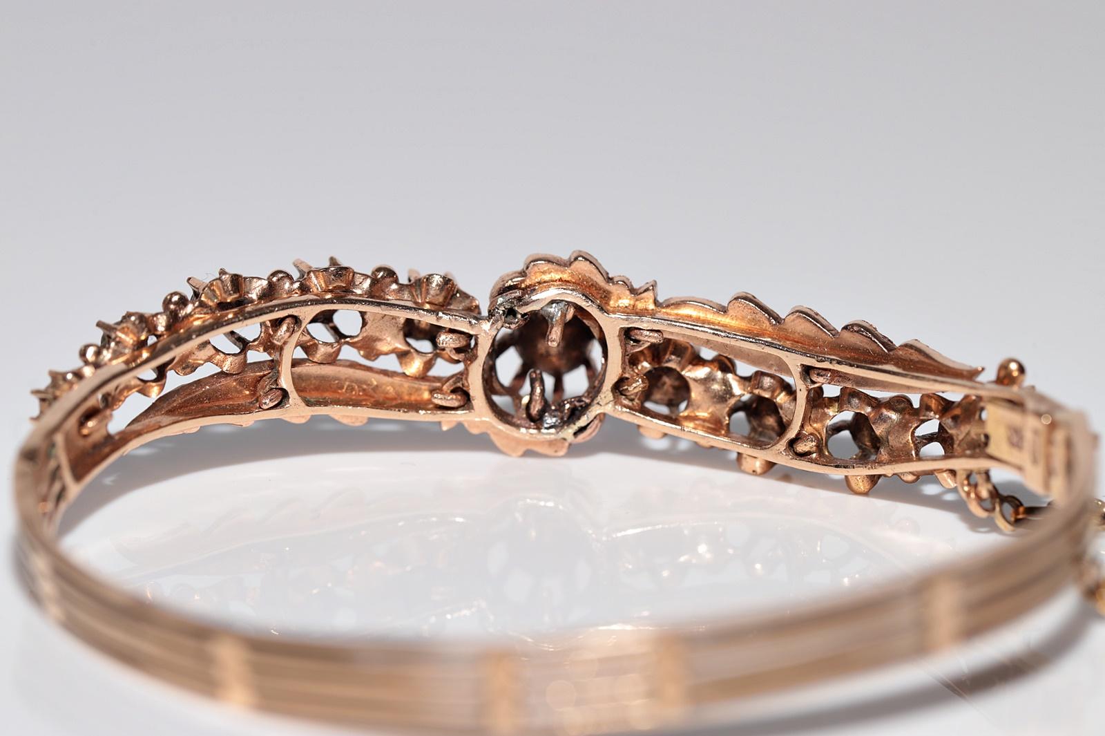 Antique Circa 1900s 12k Gold Natural Rose Cut Diamond Bangle Bracelet For Sale 12