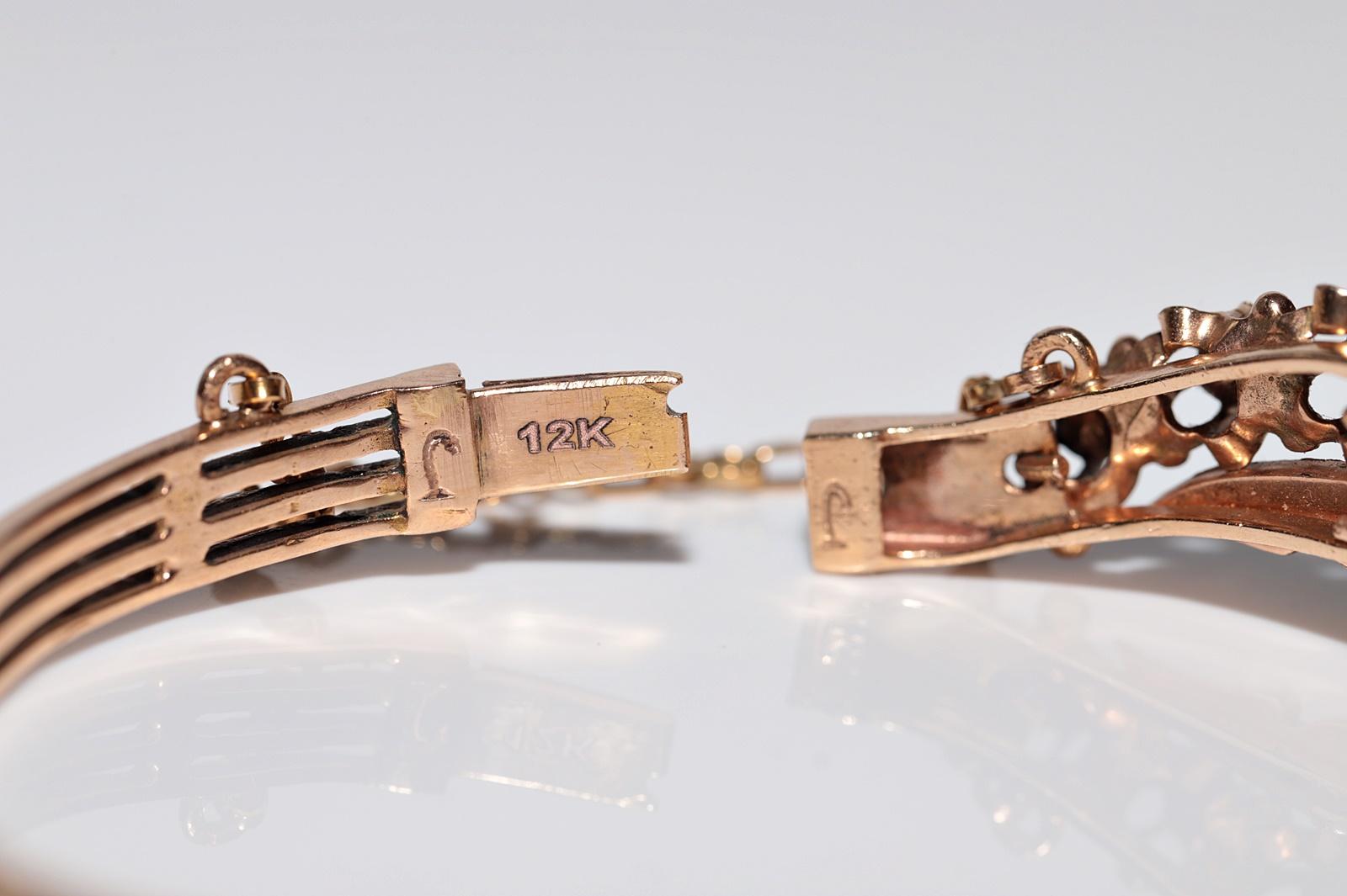 Antique Circa 1900s 12k Gold Natural Rose Cut Diamond Bangle Bracelet For Sale 13