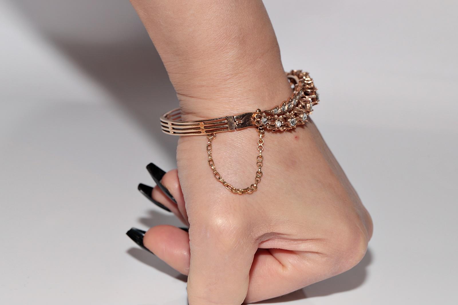 Women's Antique Circa 1900s 12k Gold Natural Rose Cut Diamond Bangle Bracelet For Sale