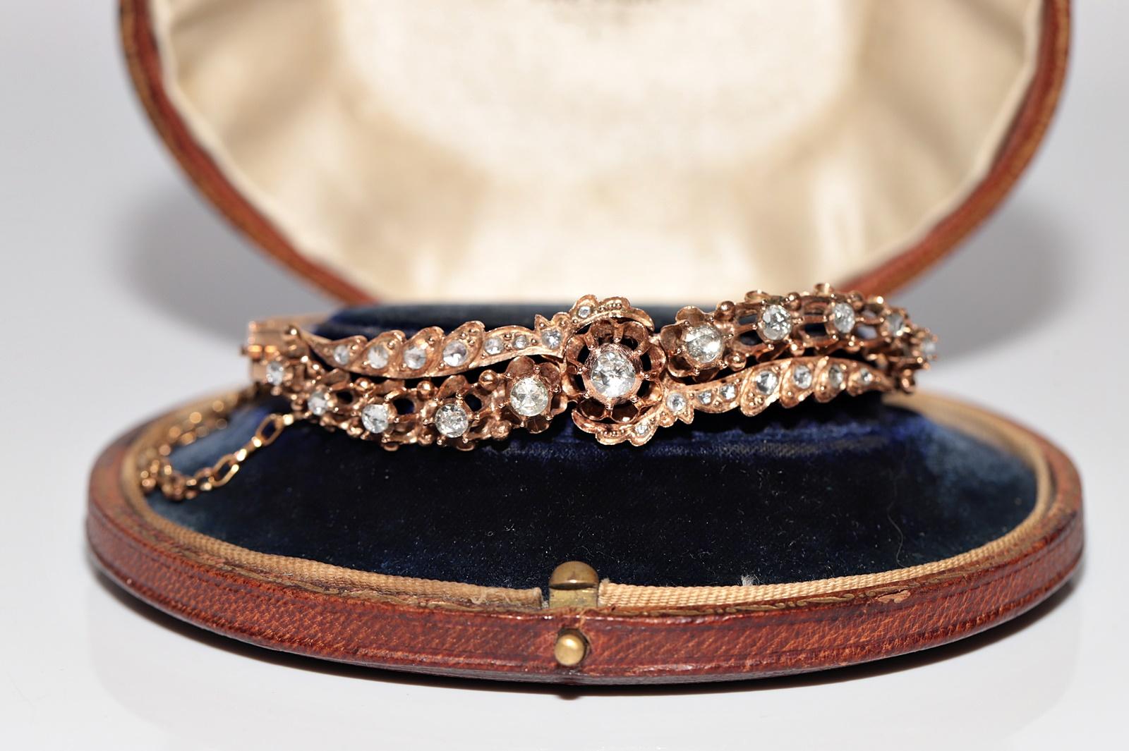 Antique Circa 1900s 12k Gold Natural Rose Cut Diamond Bangle Bracelet For Sale 2