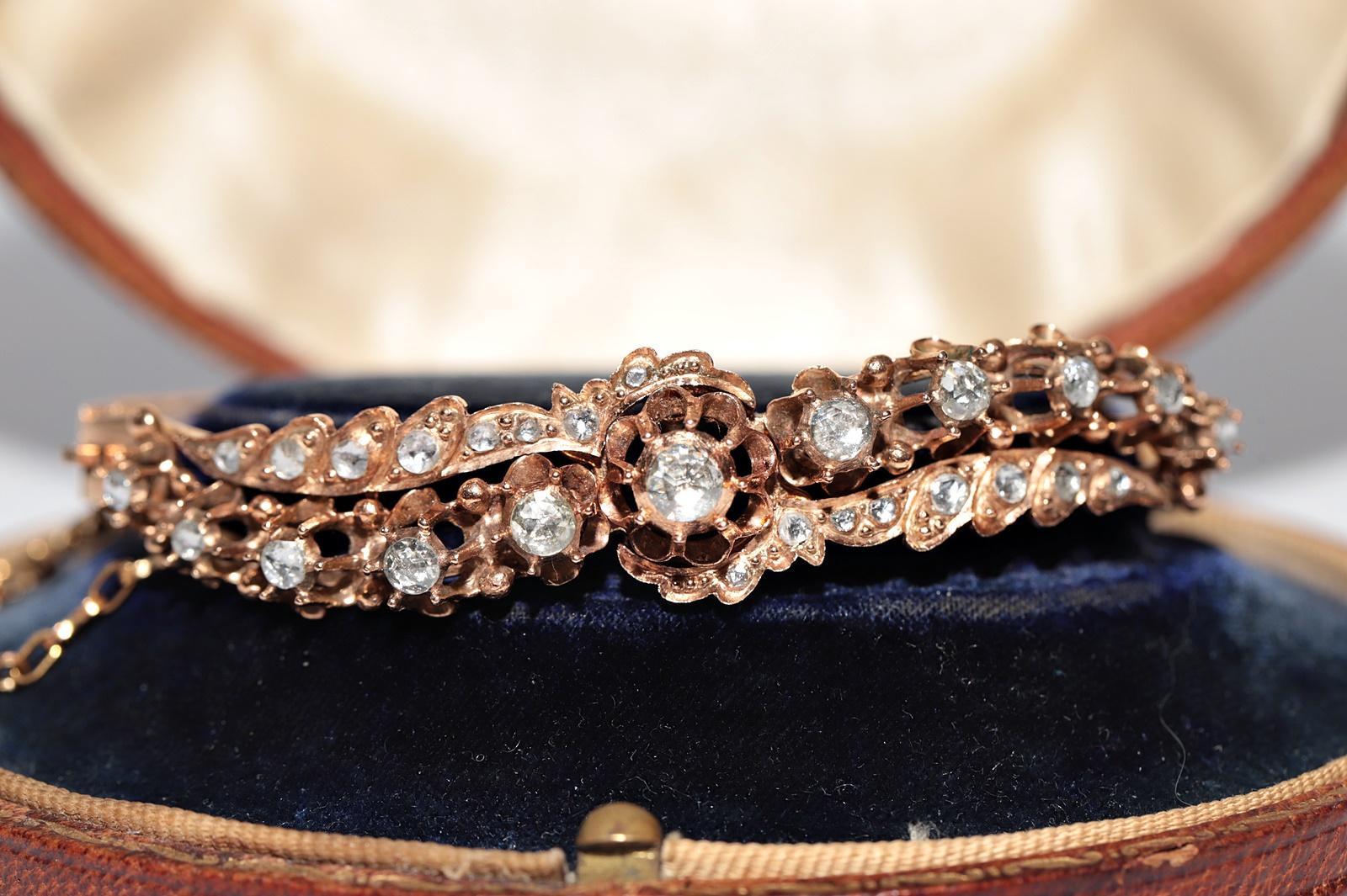 Antique Circa 1900s 12k Gold Natural Rose Cut Diamond Bangle Bracelet For Sale 3