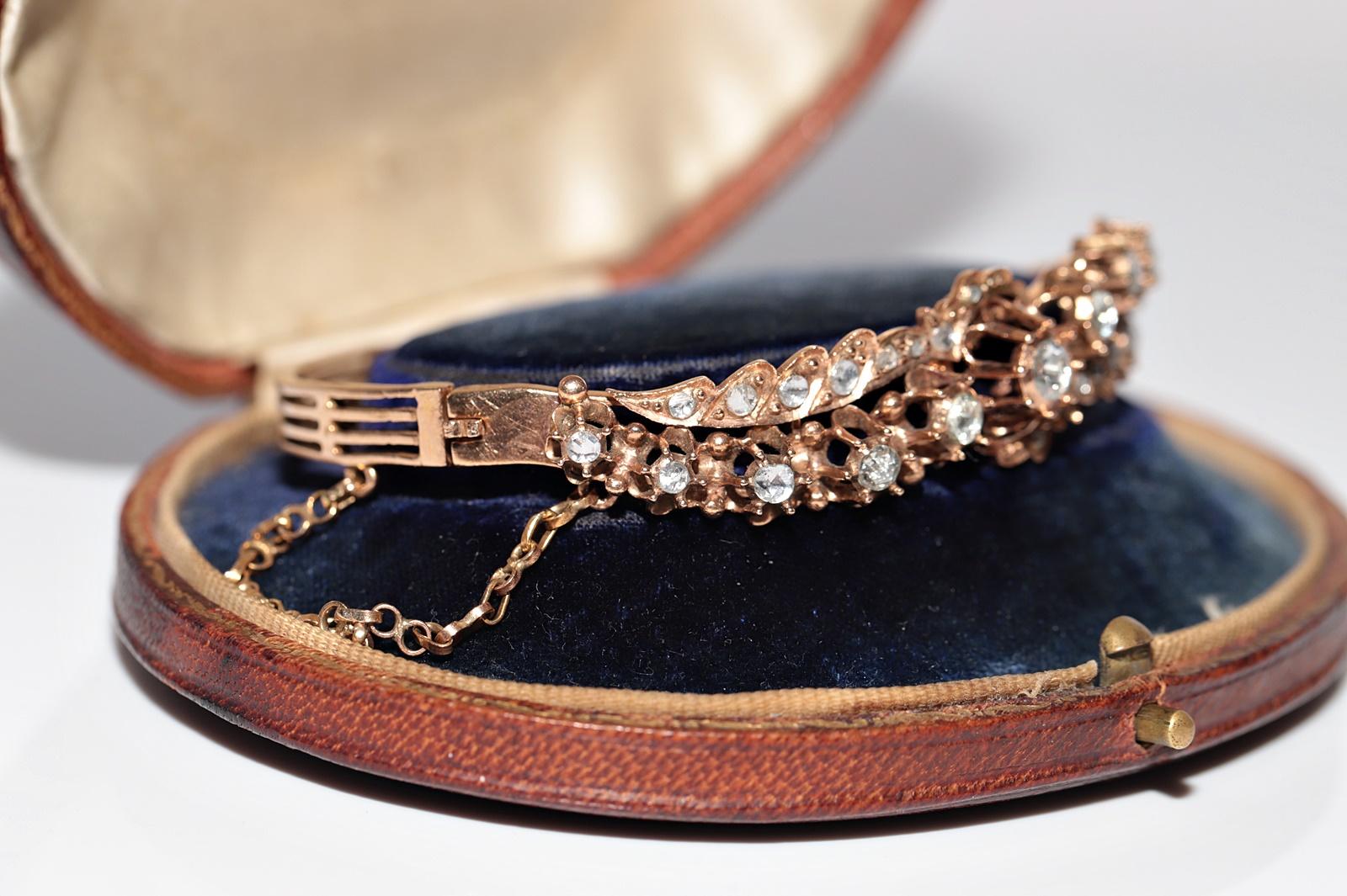 Antique Circa 1900s 12k Gold Natural Rose Cut Diamond Bangle Bracelet For Sale 4