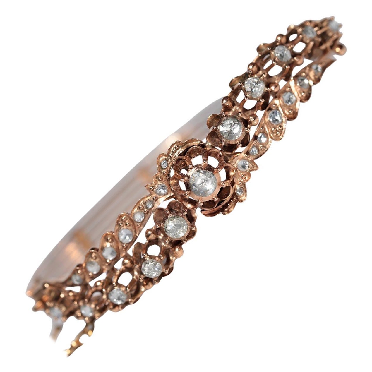Bracelet jonc ancien des années 1900 en or 12 carats avec diamants naturels taille rose