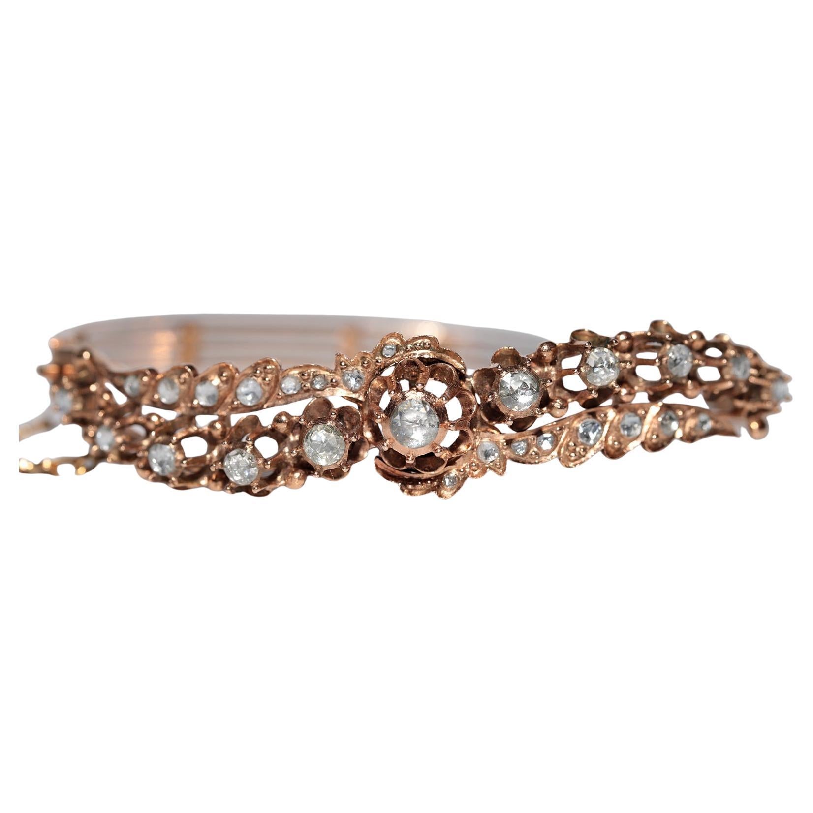 Antiguo brazalete de diamantes talla rosa natural de oro de 12 quilates de la década de 1900