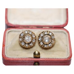 Boucles d'oreilles anciennes des années 1900 en or 12 carats décorées de diamants naturels taille rose