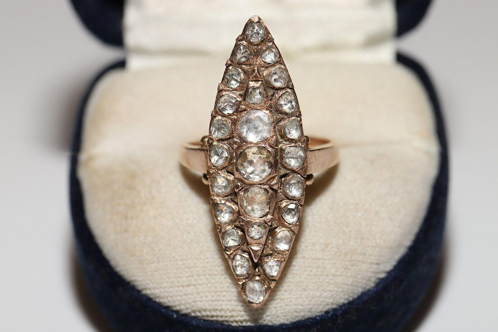 Antique Circa 1900s 12k Gold Natural Rose Cut Diamond Decorated Navette Ring For Sale 6