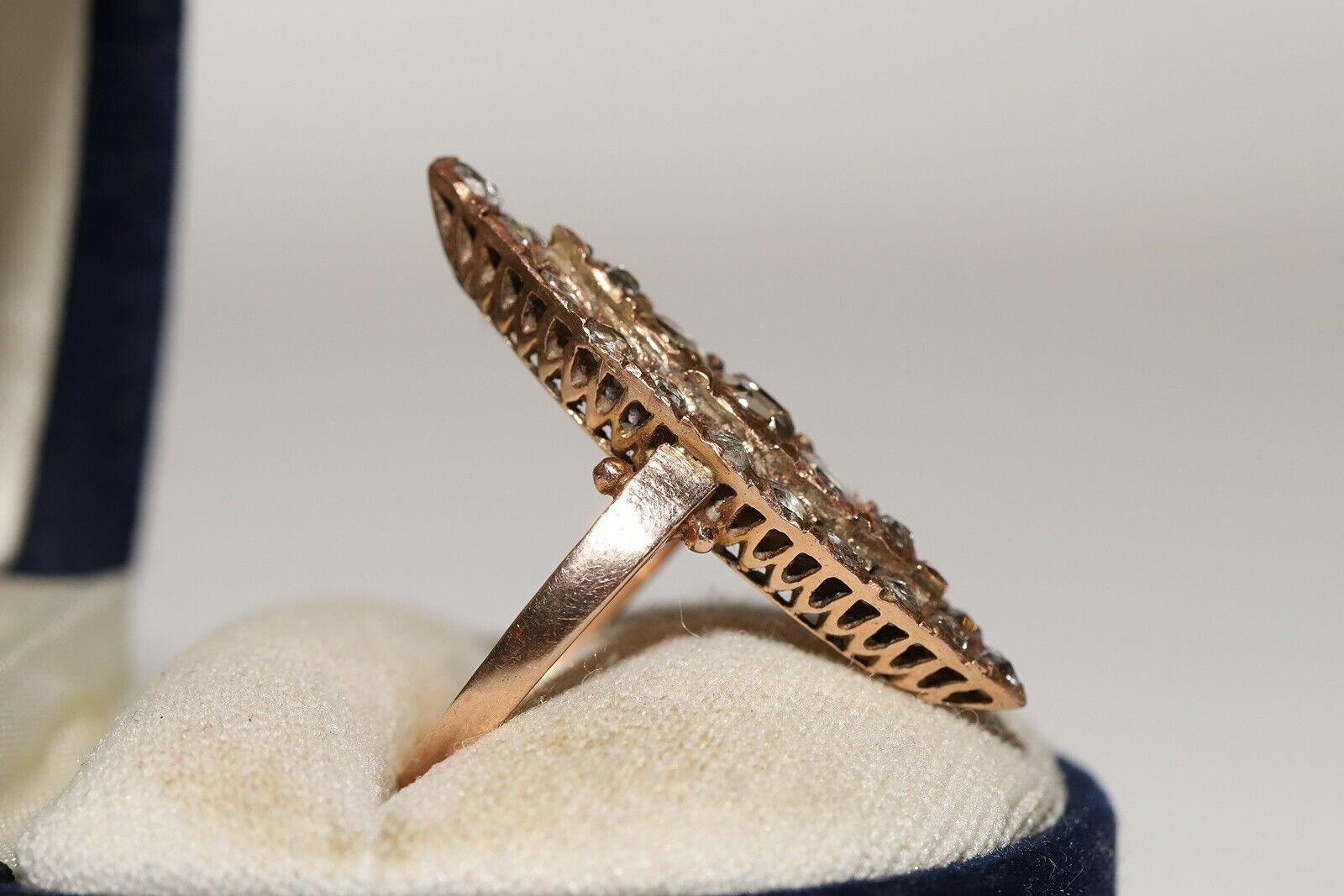 Antique Circa 1900s 12k Gold Natural Rose Cut Diamond Decorated Navette Ring For Sale 7