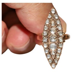 Antique Circa 1900s 12k Gold Natural Rose Cut Diamond Decorated Navette Ring