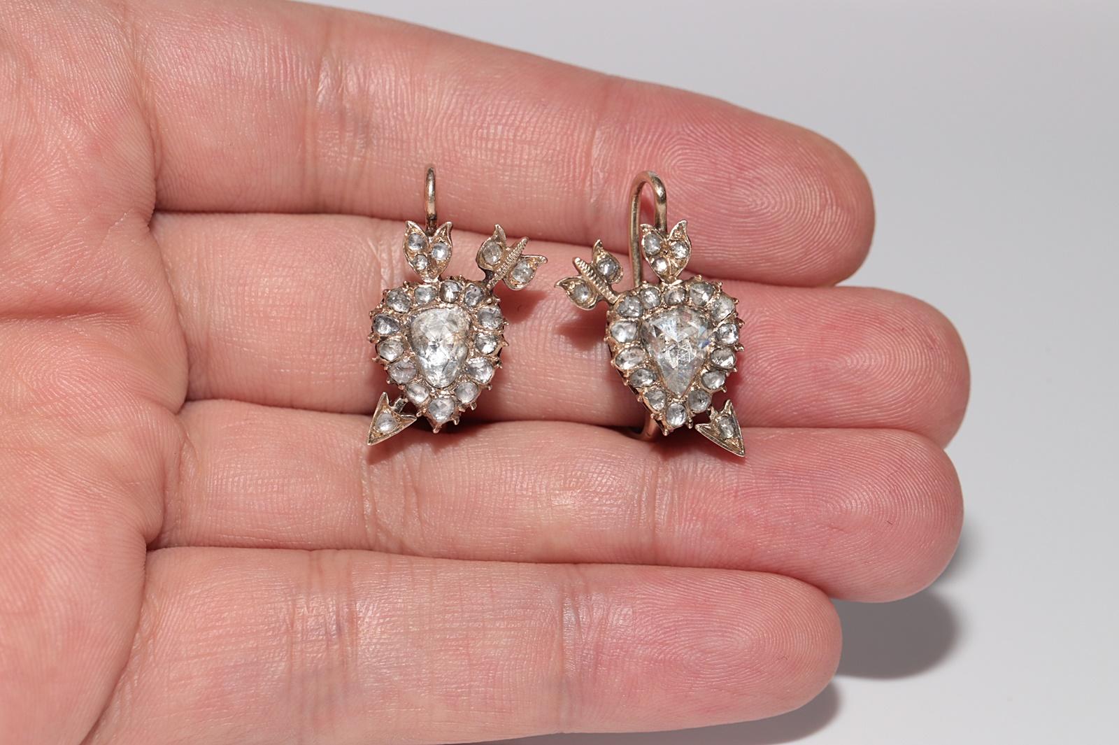 Antique Circa 1900s 12k Gold Natural Rose Cut Diamond Heart Arrow Earring For Sale 5
