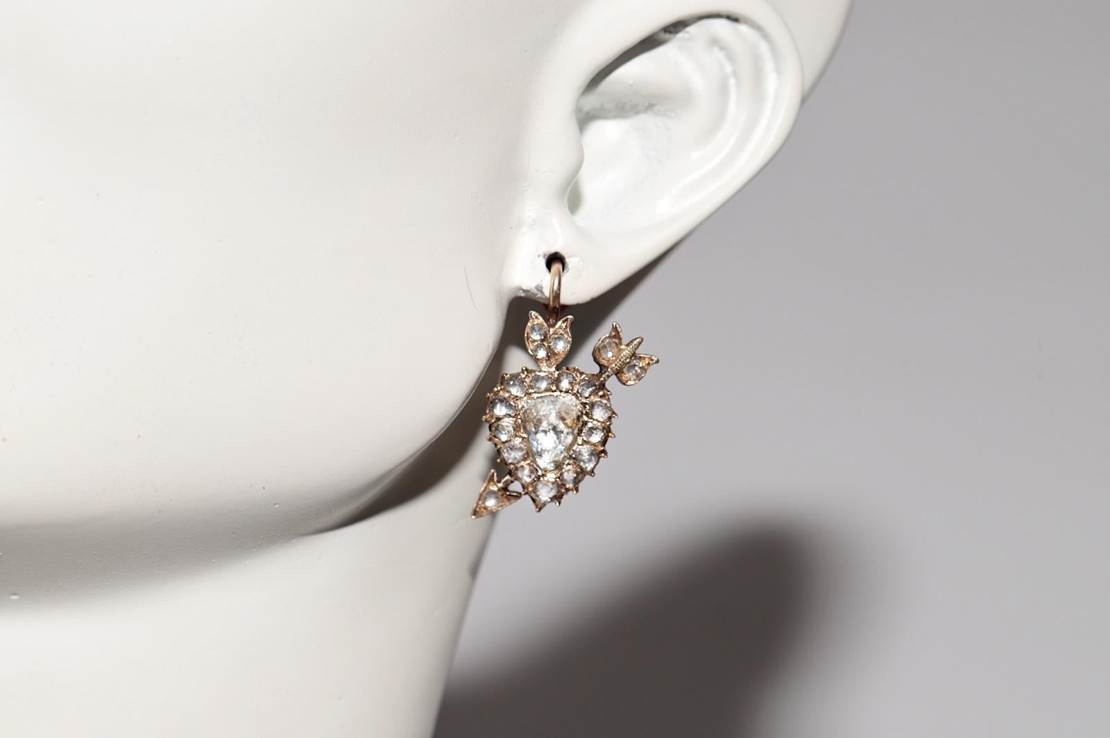 Antique Circa 1900s 12k Gold Natural Rose Cut Diamond Heart Arrow Earring For Sale 7