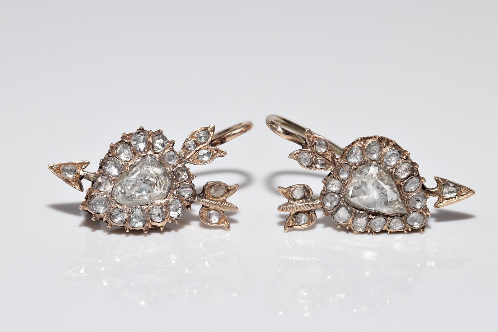 Antique Circa 1900s 12k Gold Natural Rose Cut Diamond Heart Arrow Earring In Good Condition For Sale In Fatih/İstanbul, 34