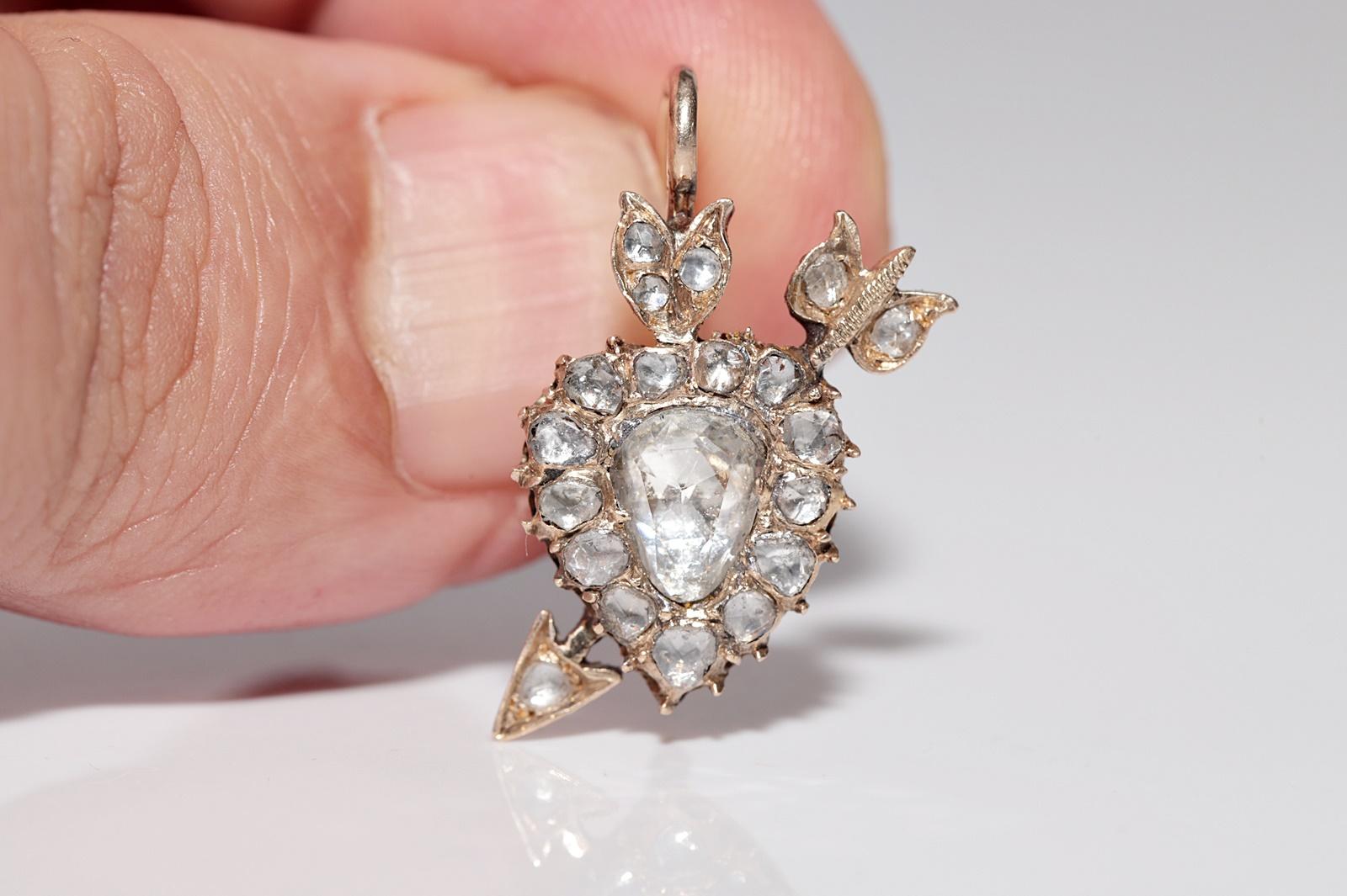 Women's Antique Circa 1900s 12k Gold Natural Rose Cut Diamond Heart Arrow Earring For Sale