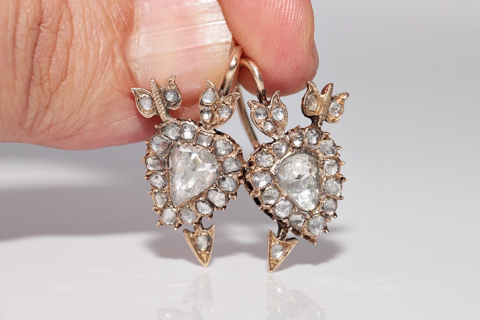 Antique Circa 1900s 12k Gold Natural Rose Cut Diamond Heart Arrow Earring For Sale 2