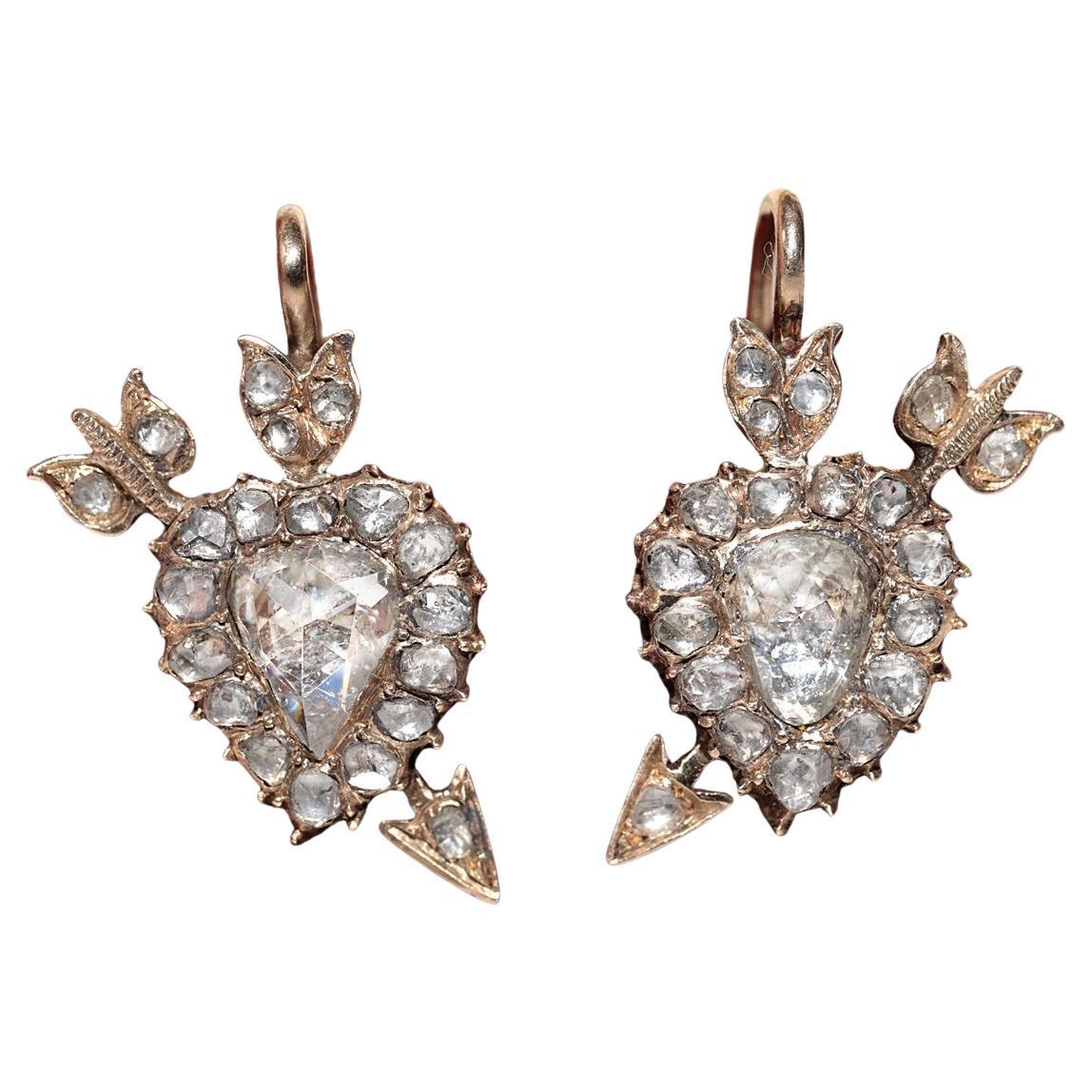 Antique Circa 1900s 12k Gold Natural Rose Cut Diamond Heart Arrow Earring