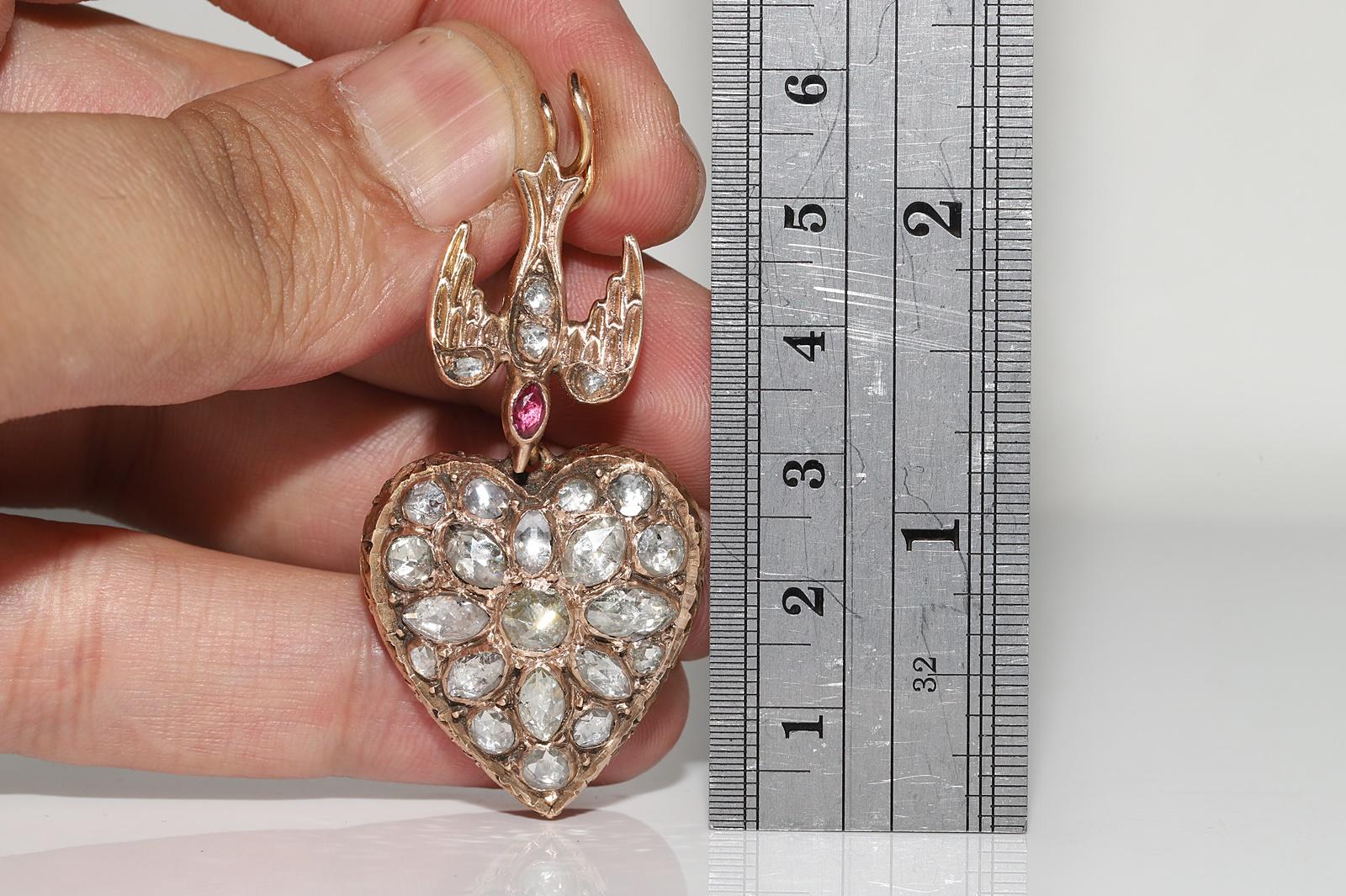 Antique Circa 1900s 12k Gold Natural Rose Cut Diamond Heart Pendant Necklace For Sale 5
