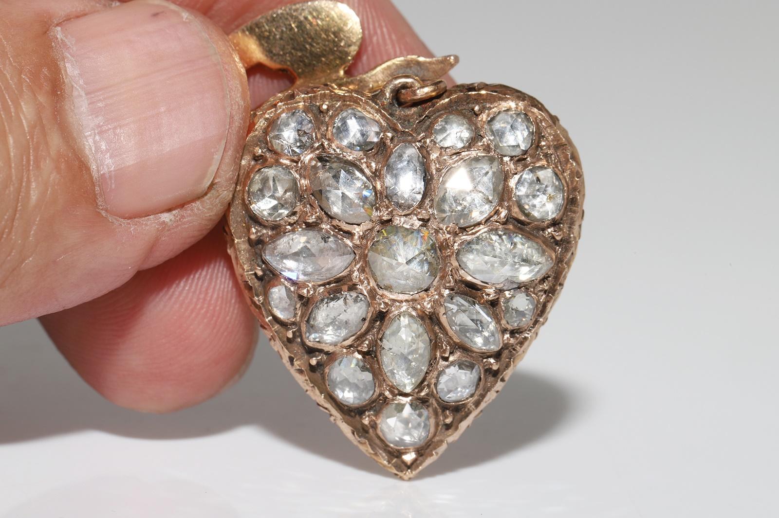 Antique Circa 1900s 12k Gold Natural Rose Cut Diamond Heart Pendant Necklace For Sale 6