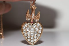 Antique Circa 1900s 12k Gold Natural Rose Cut Diamond Heart Pendant Necklace