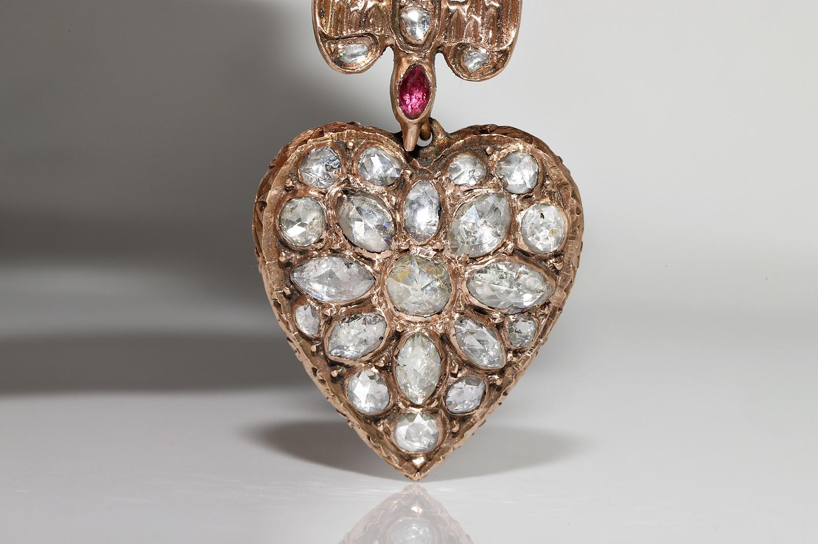 Antiguo Circa 1900s 12k Gold Natural Rose Cut Diamond Heart Pendant Necklace Victoriano en venta