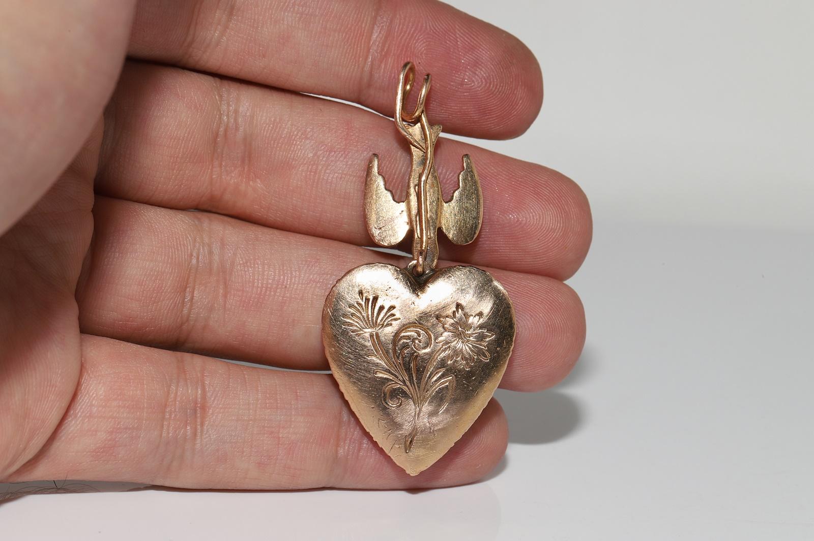 Antique Circa 1900s 12k Gold Natural Rose Cut Diamond Heart Pendant Necklace For Sale 1