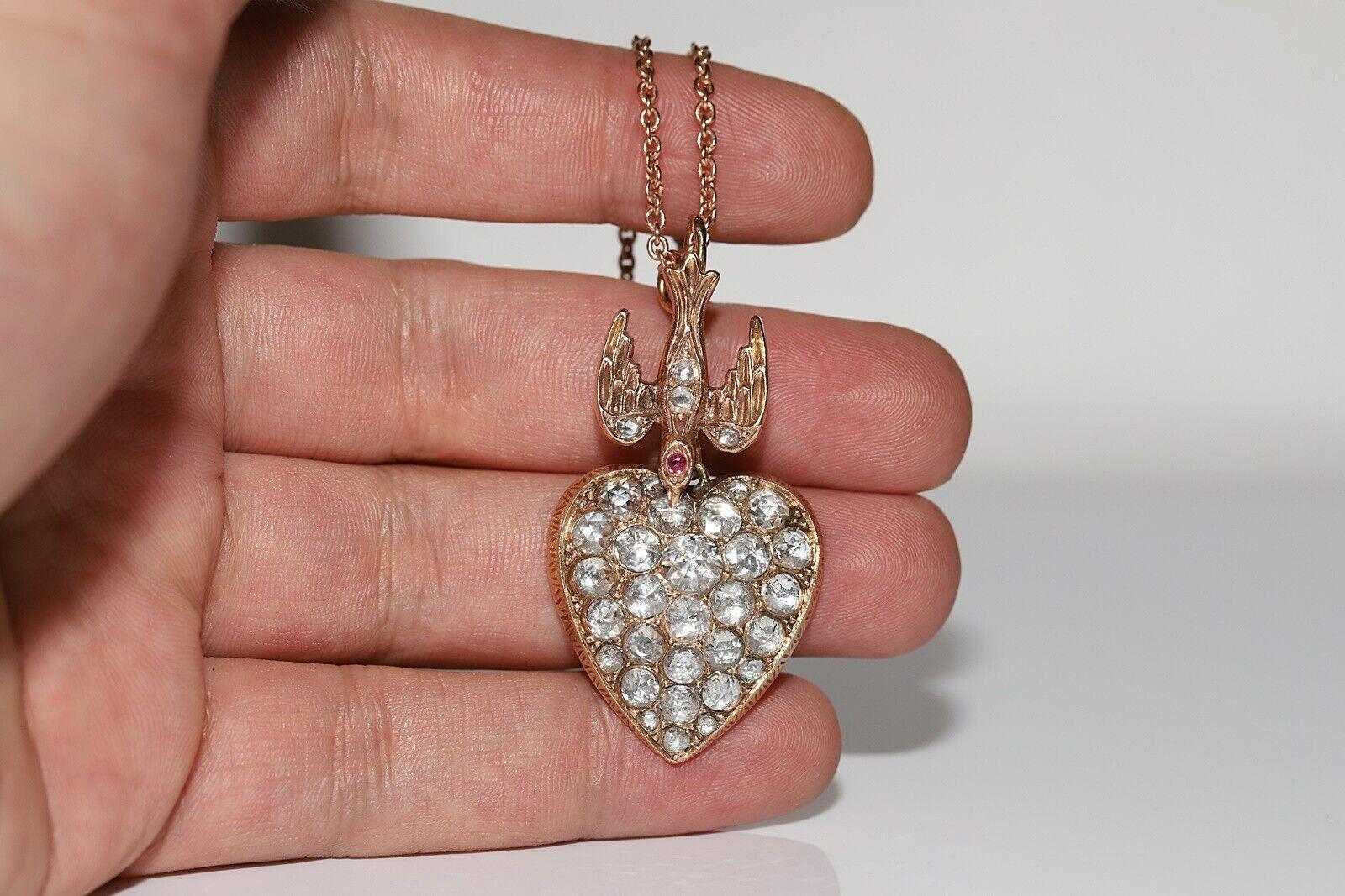 Collier pendentif cœur ancien des années 1900 en or 12 carats avec diamants naturels taille rose en vente 1
