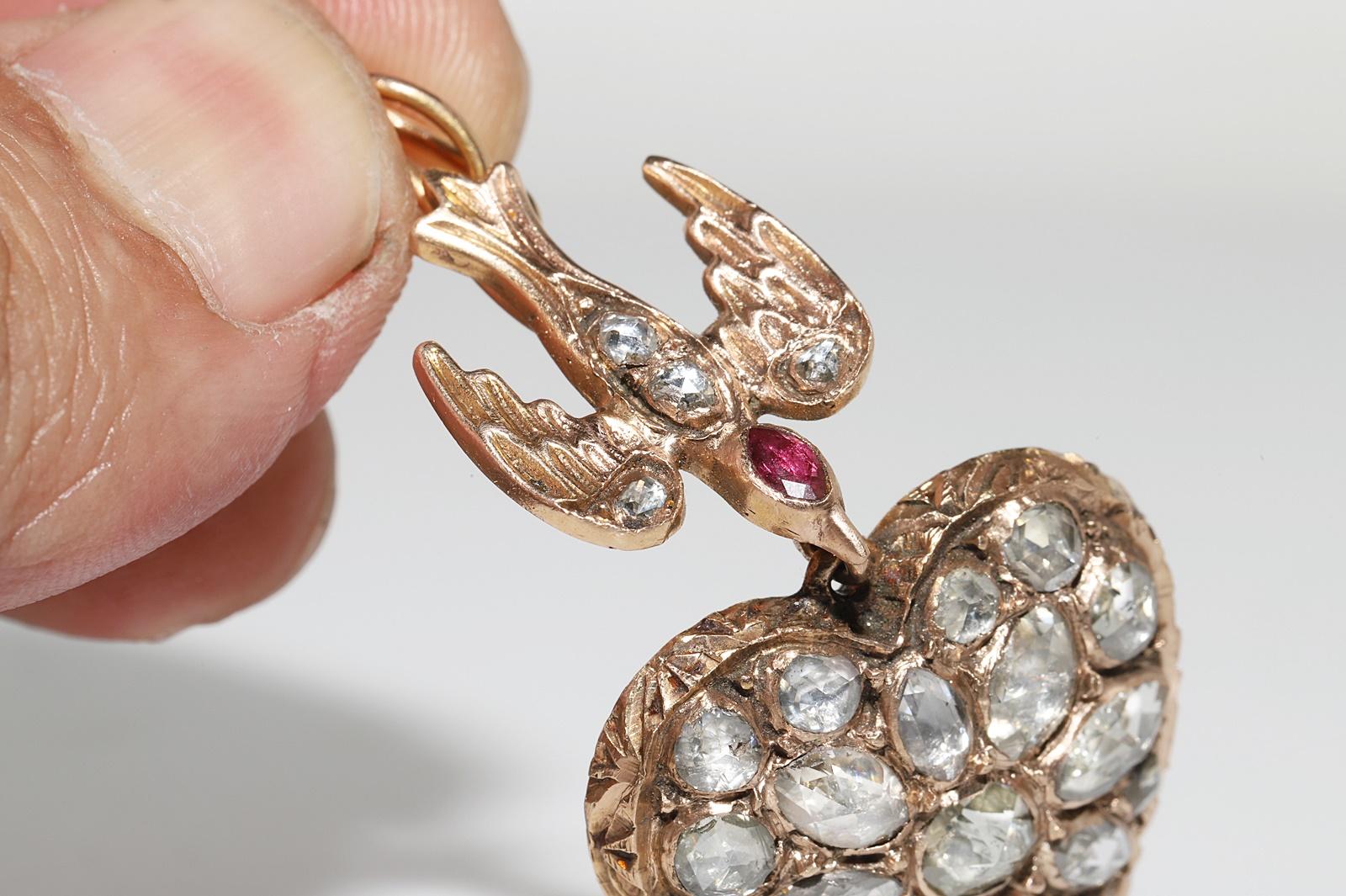Antique Circa 1900s 12k Gold Natural Rose Cut Diamond Heart Pendant Necklace For Sale 3