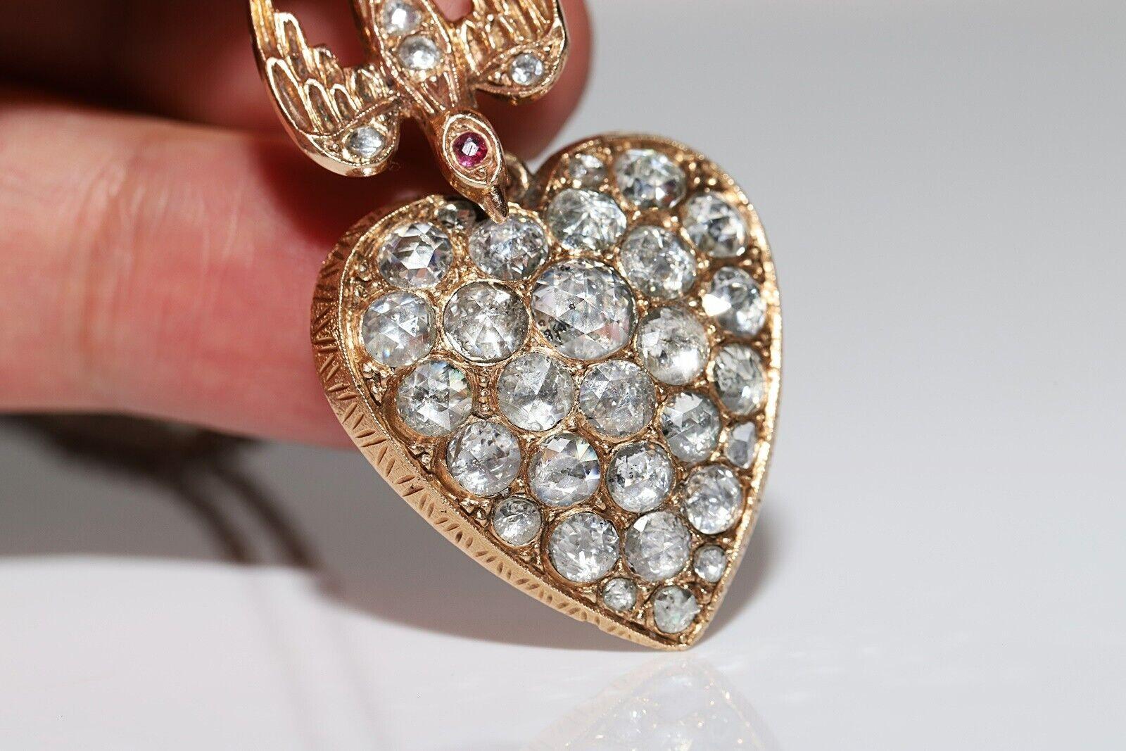 Collier pendentif cœur ancien des années 1900 en or 12 carats avec diamants naturels taille rose en vente 2